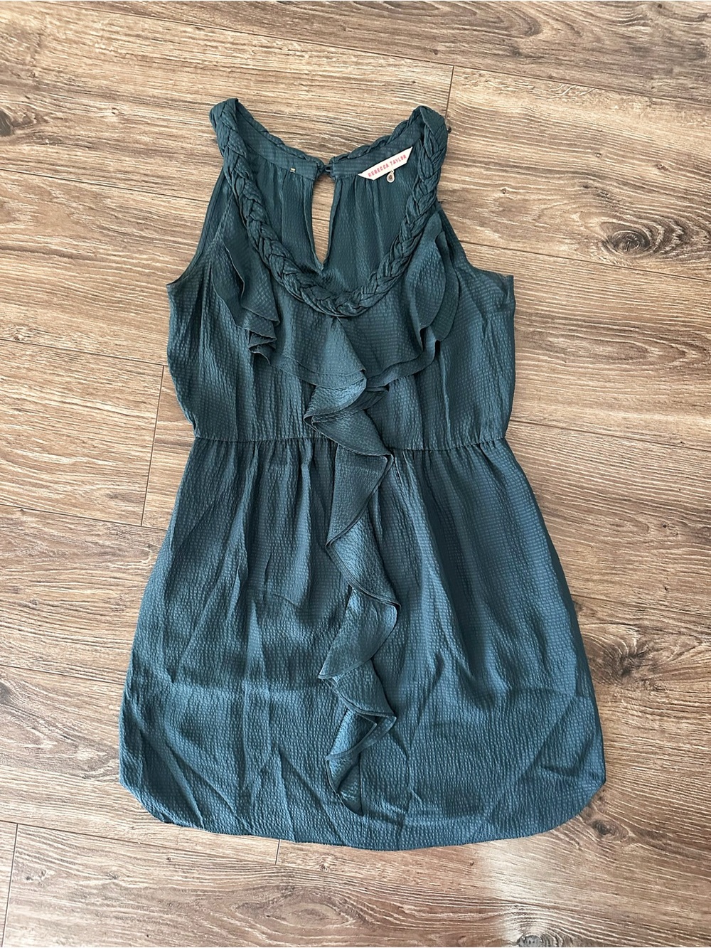 Rebecca Taylor Dark Teal 100% Silk Braided Neckline Ruffle Sleeveless Dress